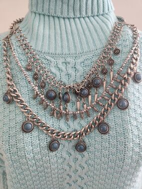 Boho Southwestern Layered Statement Necklace Silver Blue Cabochon Choker